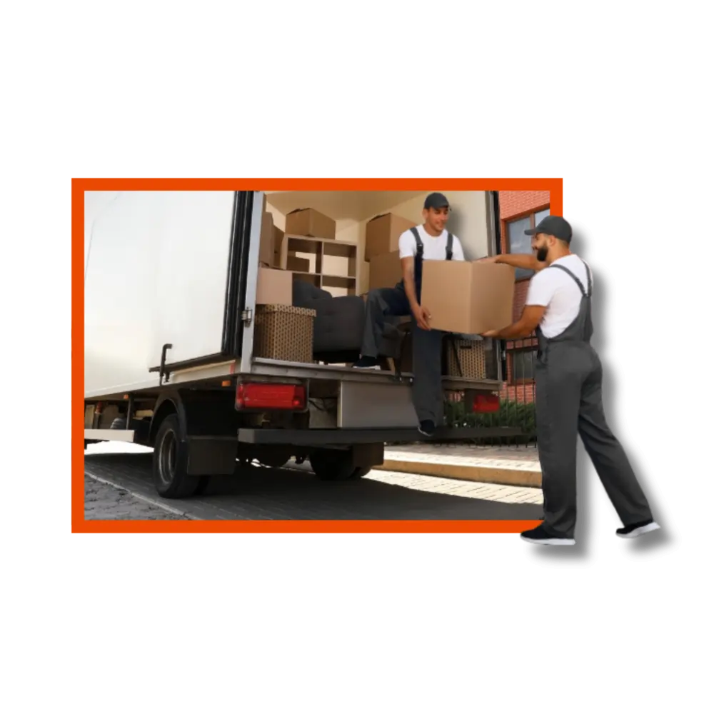 Movers using trolleys and straps to handle heavy furniture safely Moving specialists providing efficient interstate relocation service